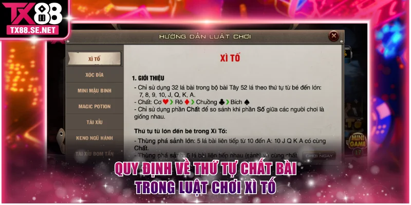 Quy định về thứ tự chất bài trong luật chơi Xì Tố